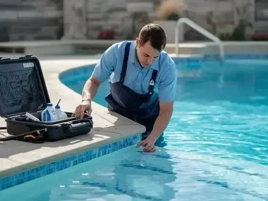 Trevi Pools and Spas technician testing water in a new swim spa near Fish Creek Provincial Park